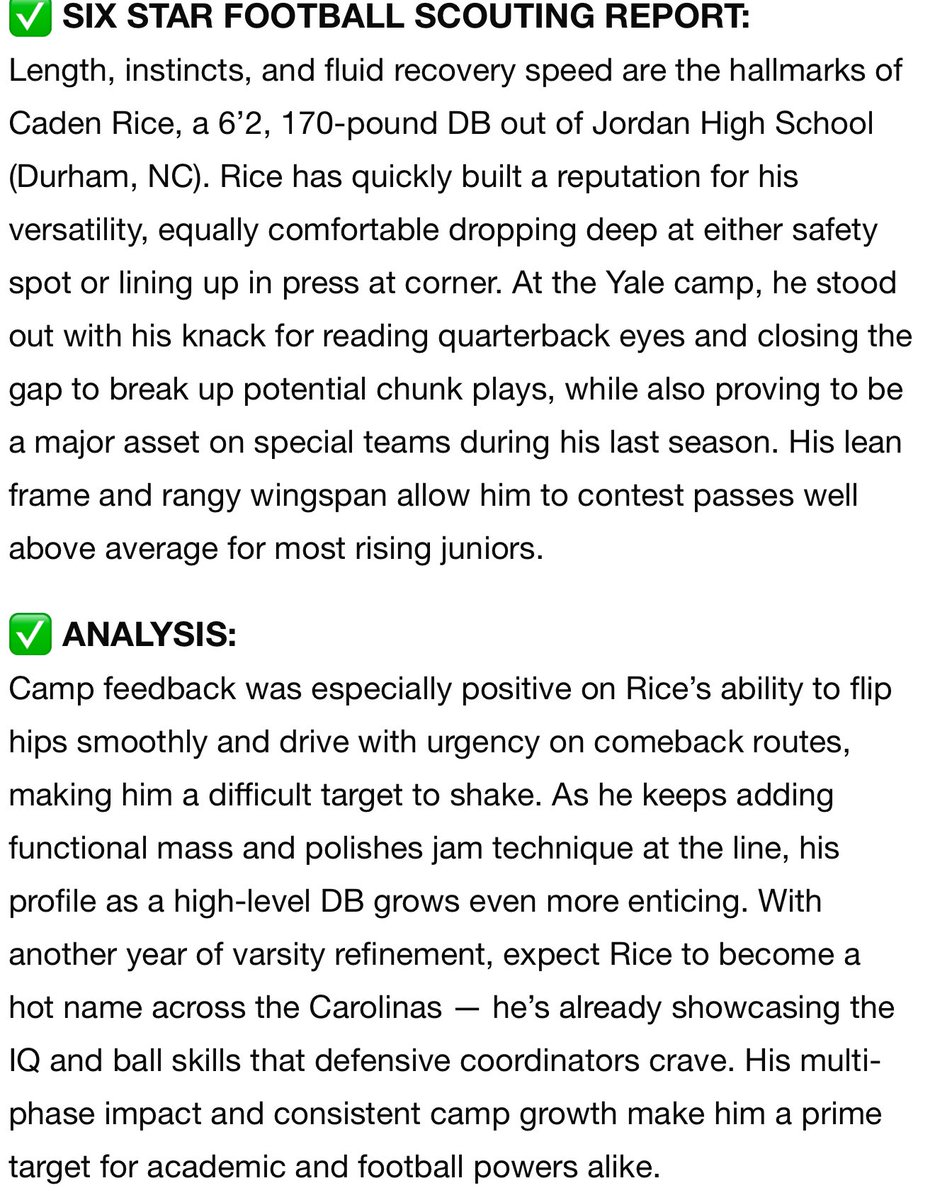 Caden โCheeseโ Rice (@caden_rice08) on Twitter photo Thank you <a href="/yalefootball/">Yale Football</a> and <a href="/sixstarfootball/">Six Star Football | PLUS+</a> for the acknowledgment of being one of the top DB prospects coming out of your summer camps. #EBWC <a href="/JordanFalconsFB/">Jordan Falcons</a> <a href="/919EliteFBClub/">The 919 Elite Football Club</a> <a href="/Mrlockdown_92/">The Island</a> Thank you <a href="/yalefootball/">Yale Football</a> and <a href="/sixstarfootball/">Six Star Football | PLUS+</a> for the acknowledgment of being one of the top DB prospects coming out of your summer camps. #EBWC <a href="/JordanFalconsFB/">Jordan Falcons</a> <a href="/919EliteFBClub/">The 919 Elite Football Club</a> <a href="/Mrlockdown_92/">The Island</a>