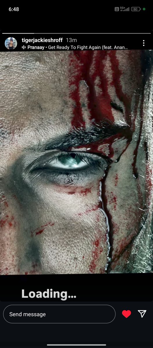 CineSKM's tweet photo. #TigerShroff's latest Insta story 🔥

Tiger Shroff teases something intense with a bloody close-up and the caption "Loading". 

#TigerShroff #Baaghi4 https://t.co/oFwA2zbEzS