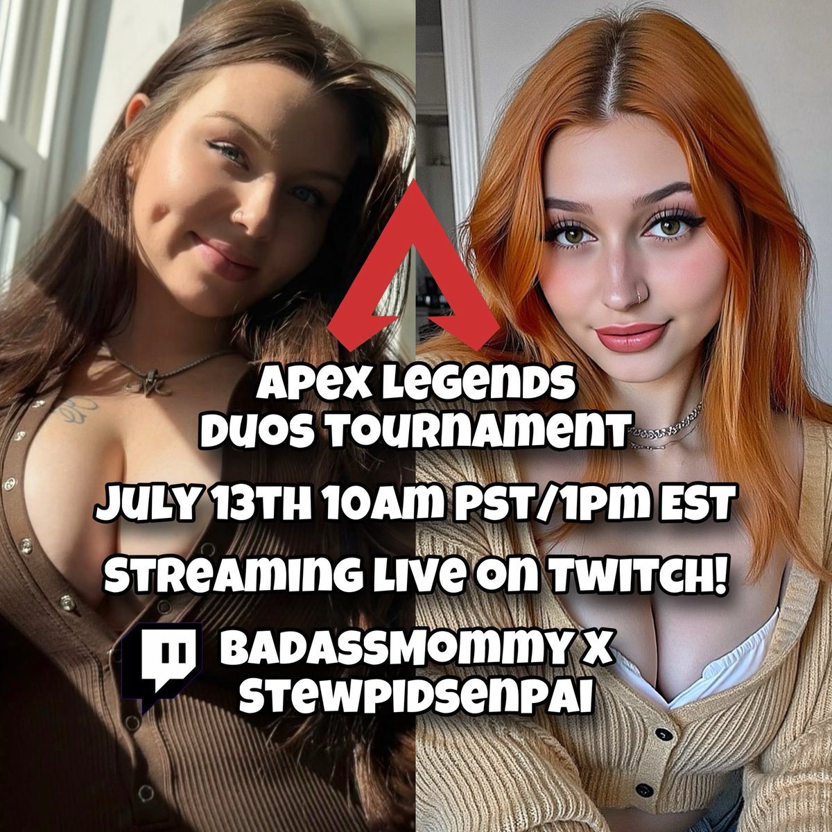 LIVE NOW ON TWITCH.TV/STEWPIDSENPAI w/ <a href="/BadassMommyTTV/">BadassMommy</a> playing in an all female Apex Legends Tournament! 🤘🏼