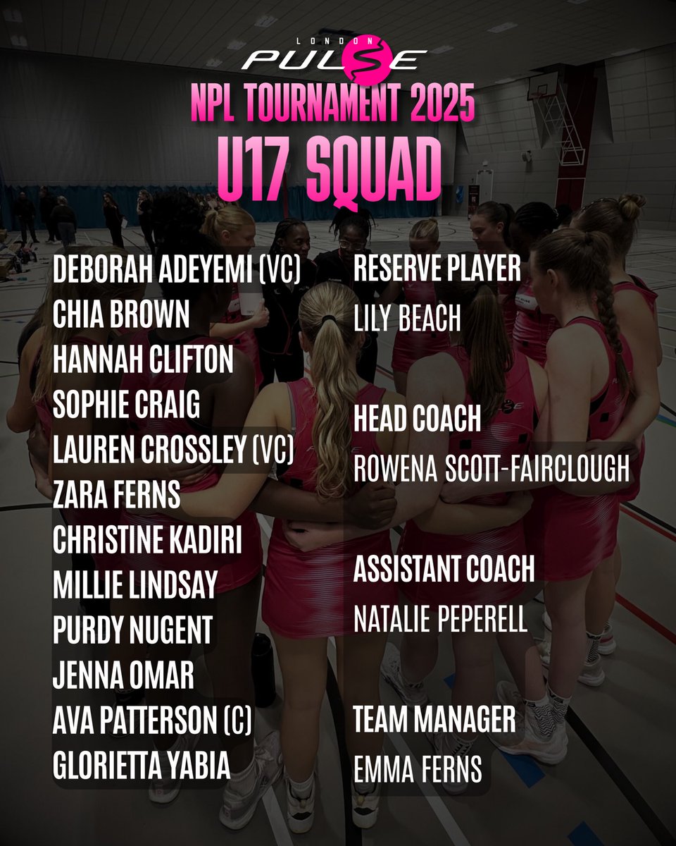 PulsePathway's tweet photo. 📣 London Pulse NPL Tournament Squads 📣 

Huge congrats to the players selected to take part in @EnglandNetball NPL Tournament next weekend 👏 

Best of luck to the reigning NPL Champions looking to make it a clean sweep 🩷 https://t.co/JNxjZFlyw2