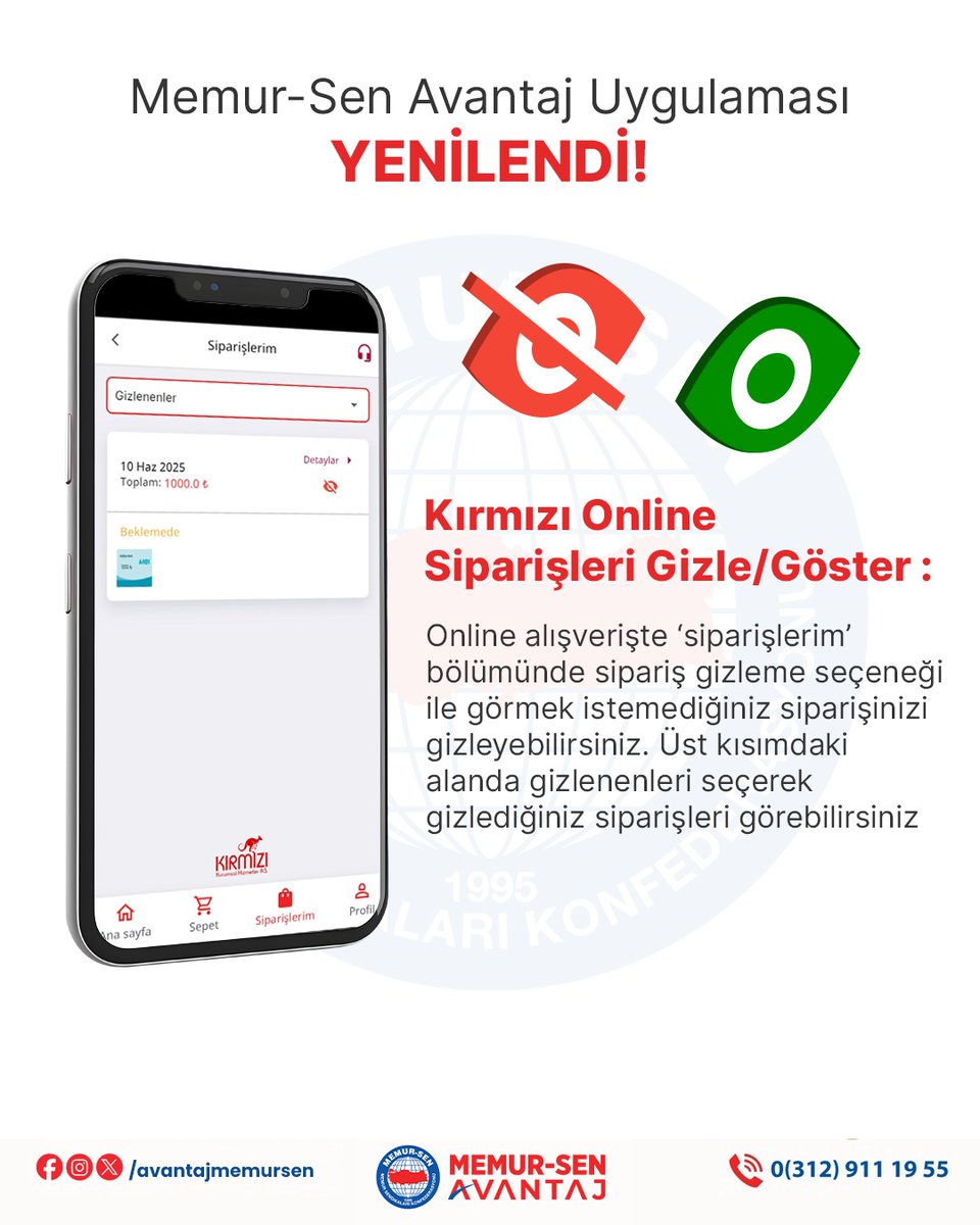 Kırmızı Online Alanındaki Siparişlerinizi Gizle/Göster Seçeneği Uygulamadaki yeniliklerimizden...

Sizlere daha iyi hizmet verebilmek için kampanya çeşitliliği yanısıra MemurSenAvantaj Uygulamasını geliştirmeye ve güncellemeye devam edeceğiz.