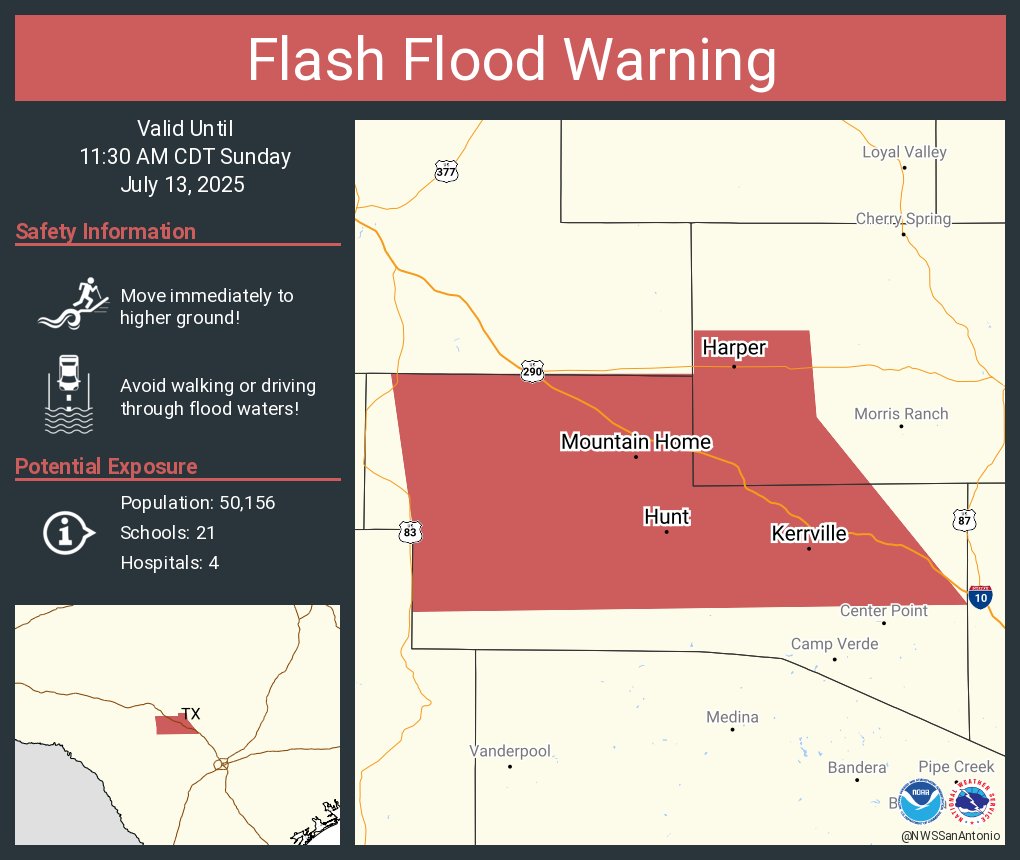 Flash Flood Warning including Kerrville TX, Ingram TX and  Harper TX until 11:30 AM CDT