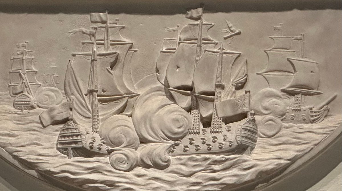 Normandy661944's tweet image. A dramatic memorial to Lt George Jolliffe RN, killed at 18 or 19 on HMS Bellerophon at the Battle of the Nile in 1798. The ‘Billy Ruffian’ is shown in the midst of battle, with cannon-shot sails and the top of her mizzen mast being carried away. St Peter’s church, Petersfield.