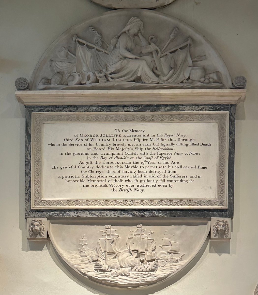 Normandy661944's tweet image. A dramatic memorial to Lt George Jolliffe RN, killed at 18 or 19 on HMS Bellerophon at the Battle of the Nile in 1798. The ‘Billy Ruffian’ is shown in the midst of battle, with cannon-shot sails and the top of her mizzen mast being carried away. St Peter’s church, Petersfield.