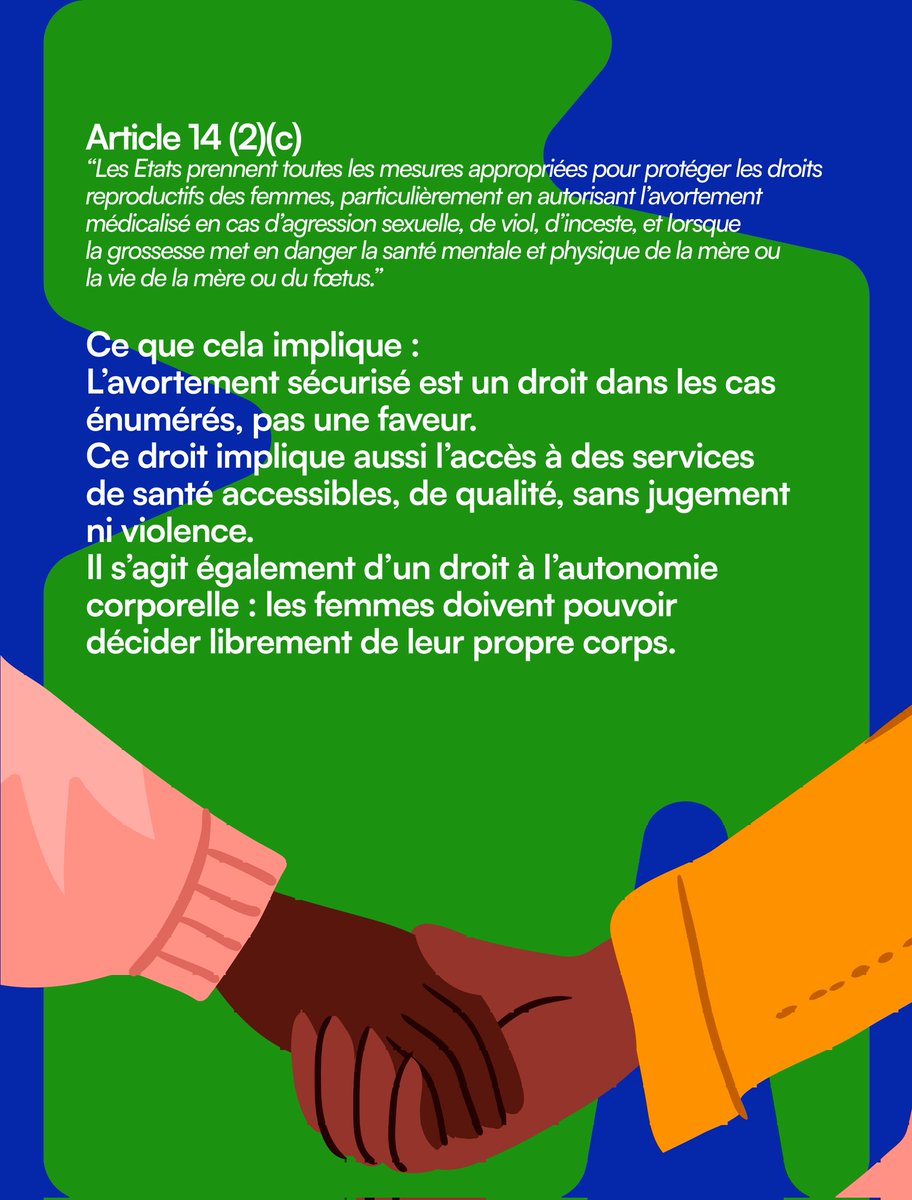 CentreOdas's tweet image. Zoom 🔎 sur quelques articles clés du #ProtocoleMaputo
👉 Article 14 
👉 Article 14(1)
👉 Article 14(2)(c)
👉 Article 4(1)

Malgré toutes ces dispositions, dans plusieurs pays africains, l’avortement est encore restreint, même dans les cas prévus par le protocole. Pourtant, son…