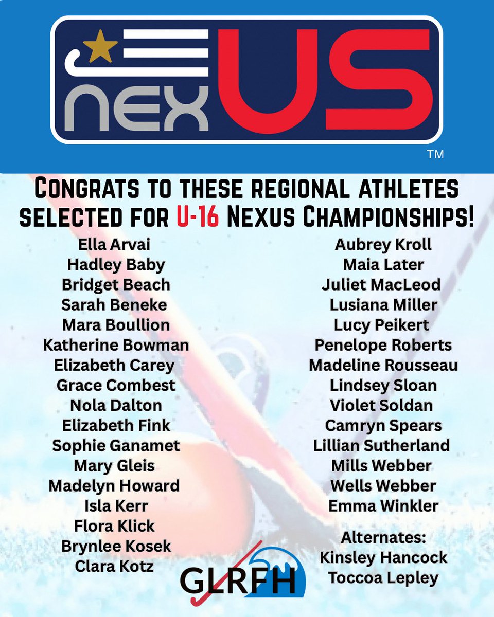 Congrats to these regional U-16 athletes and good luck at @usafieldhockey Nexus Championships! #glrfh #growthegame #fieldhockey #usafieldhockey