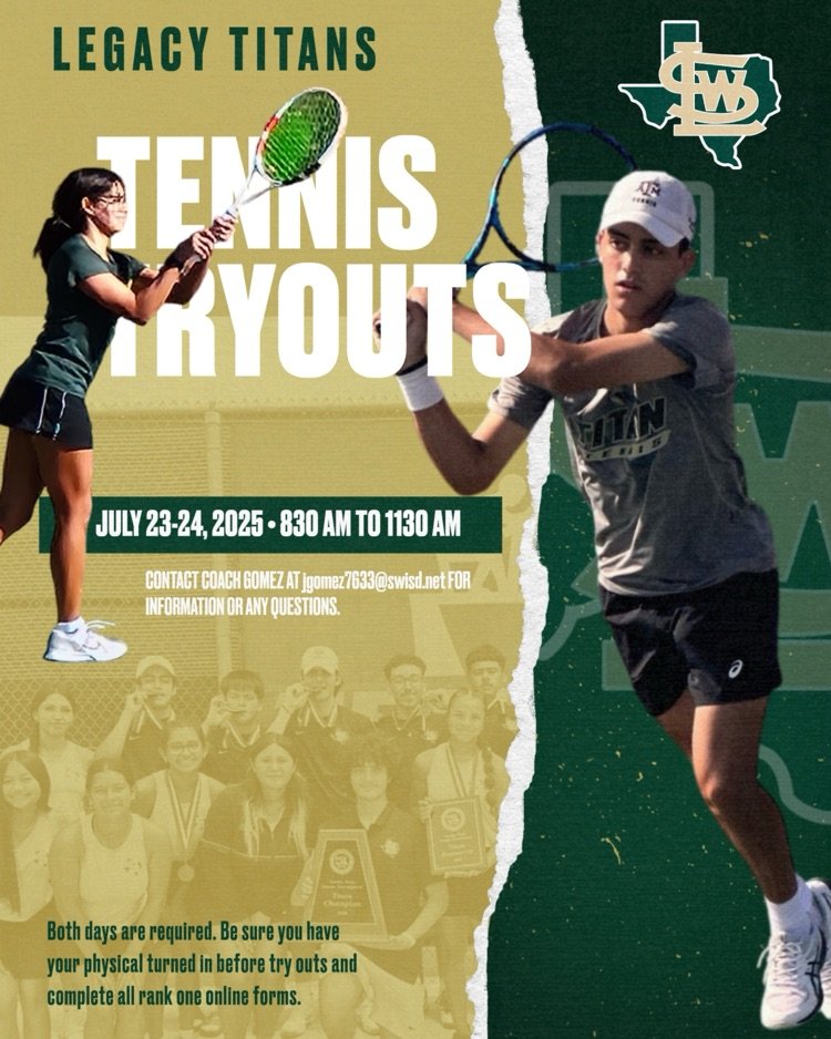 Titan Tennis Tryouts
Wednesday, July 23 &amp; Thursday, July 24
830-1130 AM both days
Titan Tennis Courts Season