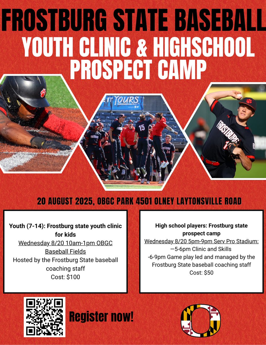bscott2345's tweet photo. Excited to share we will be hosting our first combo @Frostburg_BB youth and prospect camp on 8/20 @OBGCSPORTS. The Frostburg State Baseball coaching staff will run the events and it's an excellent chance to get in front of one of the top D2 programs and coaching staffs in the country! Space will be limited for both sessions so signup now using the QR code on the flyer. @MaMichael29 @Woodbaseball1