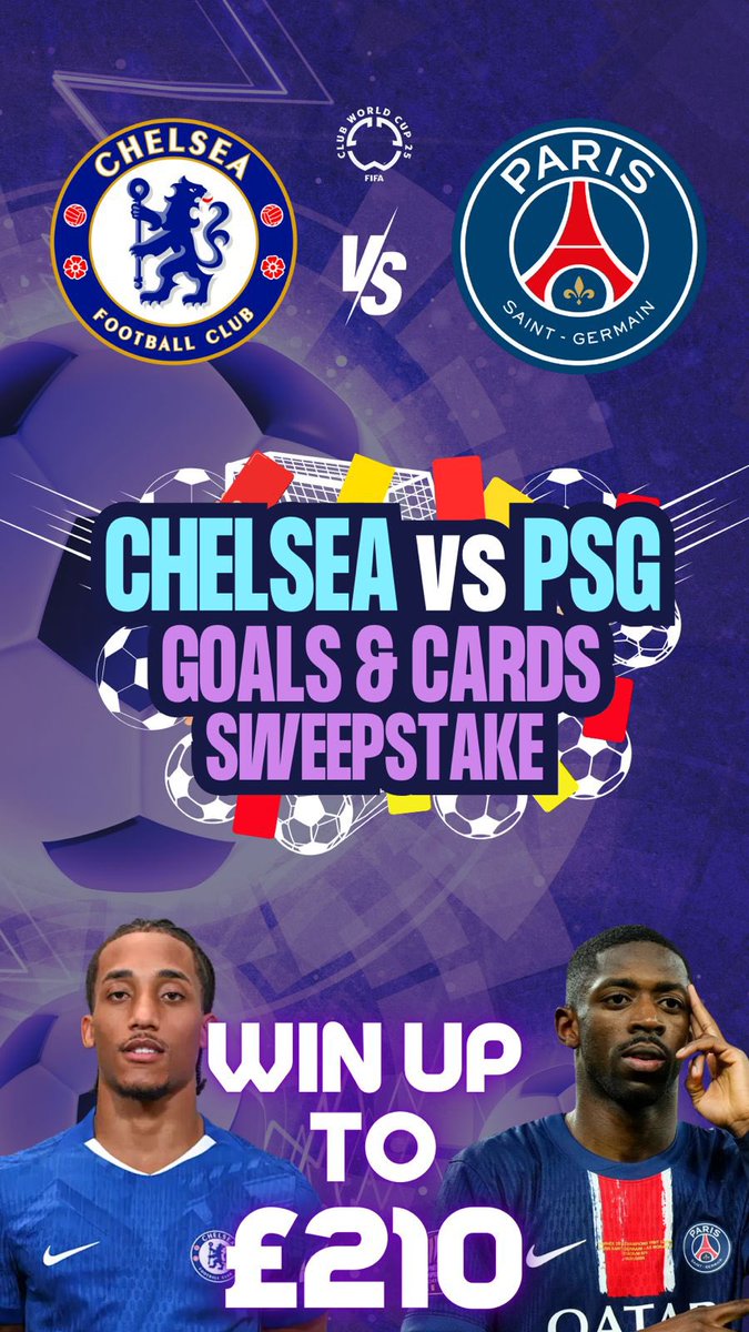 Fairplayapp's tweet image. 🔥 Chelsea vs PSG Goals & Cards Sweepstake
£5 entry gets you a random combo of goals & cards
Land your combo and win up to £210 💰
👇👇 ENTER HERE 👇👇
fairplay.page.link/Qmh6dXBNRrFbbX…
18+ | GambleAware
#Sweepstake #ChelseaPSG #ClubWorldCup #CHEPSG