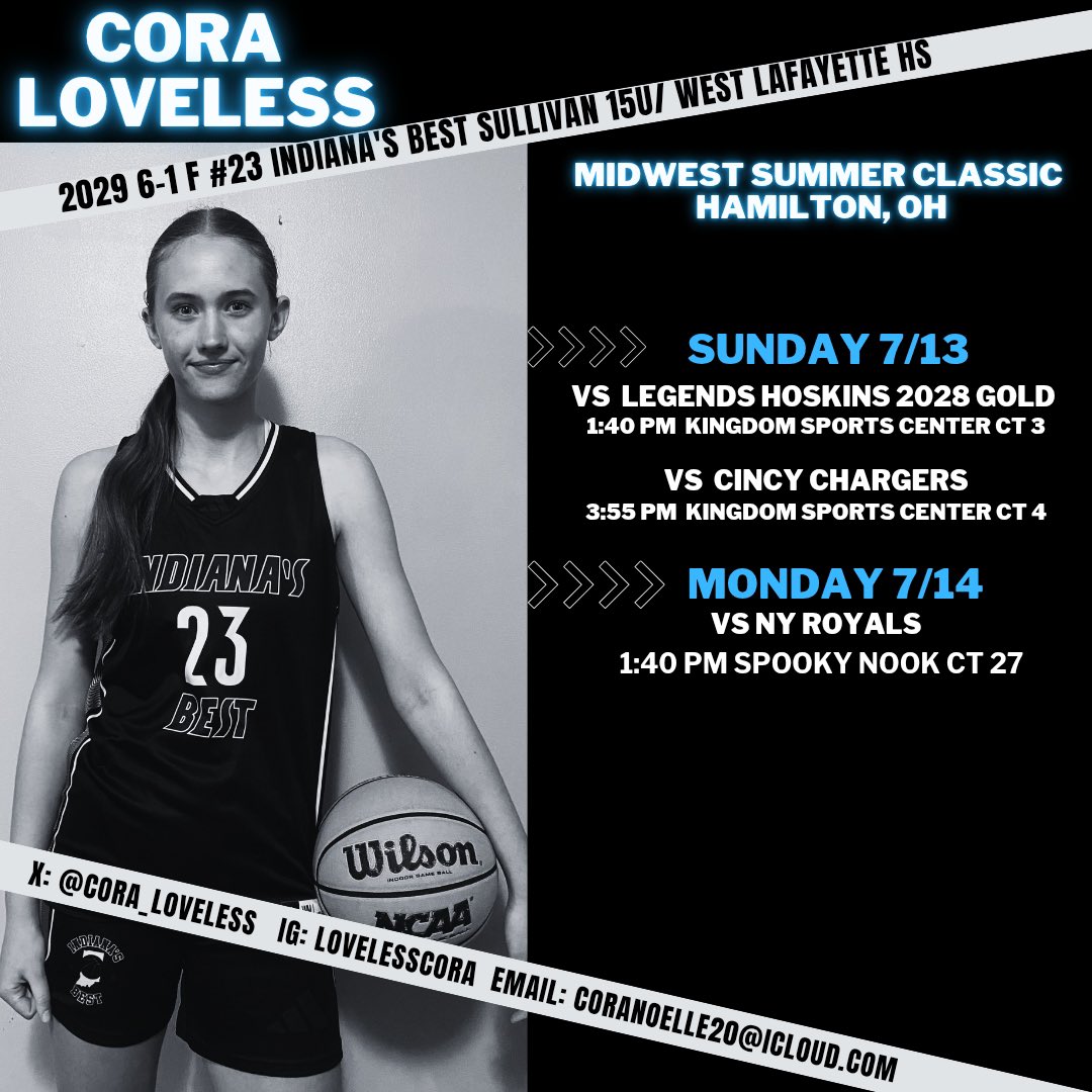 Cora Loveless (@cora_loveless) on Twitter photo Last one for the summer! I am proud to be playing with Indiana’s Best Sullivan 15U in Hamilton today and tomorrow. I am excited to play with some familiar faces and new teammates. Check us out! <a href="/INBestBBall/">Indiana's Best BBall</a> <a href="/WL_girlsbball/">WL Girls Basketball</a> <a href="/M14hoopsindy/">M14Hoops Indy</a> <a href="/PGHIndiana/">Prep Girls Hoops Indiana</a> <a href="/coachbeckett/">IGBRR Hoops</a> <a href="/ProspectShowcse/">Prospect_ShowcaseWBB</a> Last one for the summer! I am proud to be playing with Indiana’s Best Sullivan 15U in Hamilton today and tomorrow. I am excited to play with some familiar faces and new teammates. Check us out! <a href="/INBestBBall/">Indiana's Best BBall</a> <a href="/WL_girlsbball/">WL Girls Basketball</a> <a href="/M14hoopsindy/">M14Hoops Indy</a> <a href="/PGHIndiana/">Prep Girls Hoops Indiana</a> <a href="/coachbeckett/">IGBRR Hoops</a> <a href="/ProspectShowcse/">Prospect_ShowcaseWBB</a>