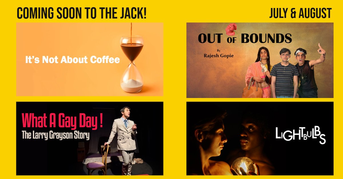 Jack Studio Theatre (@brocjacktheatre) on Twitter photo Summer continues at the Jack with four exciting new shows:
It’s Not About Coffee from <a href="/littlecouptco/">Little Coup Theatre Company</a>
Out of Bounds from <a href="/pro_shootingss/">Shooting Star Studios</a>
Lightbulbs from Woodhouse&Roderick
What a Gay Day! from <a href="/PengeTheatre/">The Bridge House Theatre</a>
Find out more & book ahead for all shows here: bit.ly/3BO3P56 Summer continues at the Jack with four exciting new shows:
It’s Not About Coffee from <a href="/littlecouptco/">Little Coup Theatre Company</a>
Out of Bounds from <a href="/pro_shootingss/">Shooting Star Studios</a>
Lightbulbs from Woodhouse&Roderick
What a Gay Day! from <a href="/PengeTheatre/">The Bridge House Theatre</a>
Find out more & book ahead for all shows here: bit.ly/3BO3P56