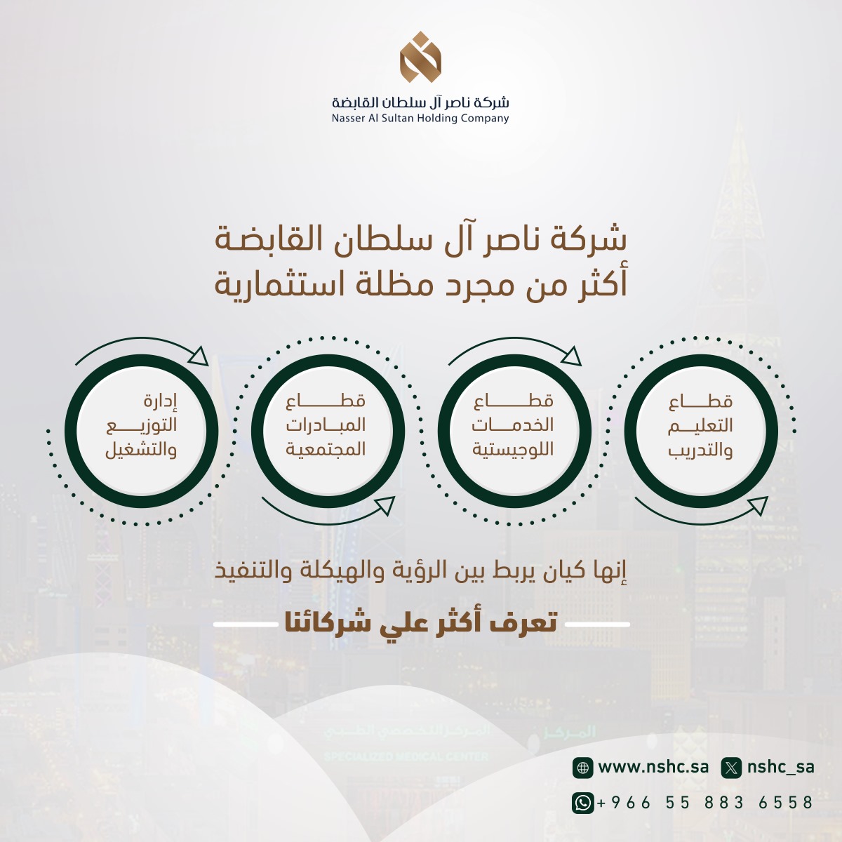 شركة ناصر آل سلطان القابضة
أكثر من مجرد مظلة استثمارية نعمل ككيان تشغيلي فعّال في:
🔹التعليم والتدريب
🔹الخدمات اللوجستية
🔹المبادرات المجتمعية
🔹إدارة التوزيع والتشغيل
لأن الرؤية بدون تنفيذ… مجرد فكرة
📞+966558836558  
#تشغيل_استراتيجي #شركة_ناصر_آل_سلطان_القابضة #تنمية_مستدامة