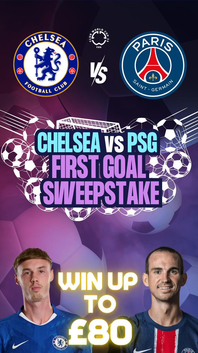 Fairplayapp's tweet image. ⚽ Chelsea vs PSG First Goal Sweepstake
£3 entry gets you a random time slot (in 3-min intervals)
If the first goal lands in your slot, you win up to £80 💥
👇👇 ENTER HERE 👇👇
fairplay.page.link/u2r4ZGhpGB7Kab…
18+ | GambleAware
#ChelseaPSG #Sweepstake #ClubWorldCup #CHEPSG