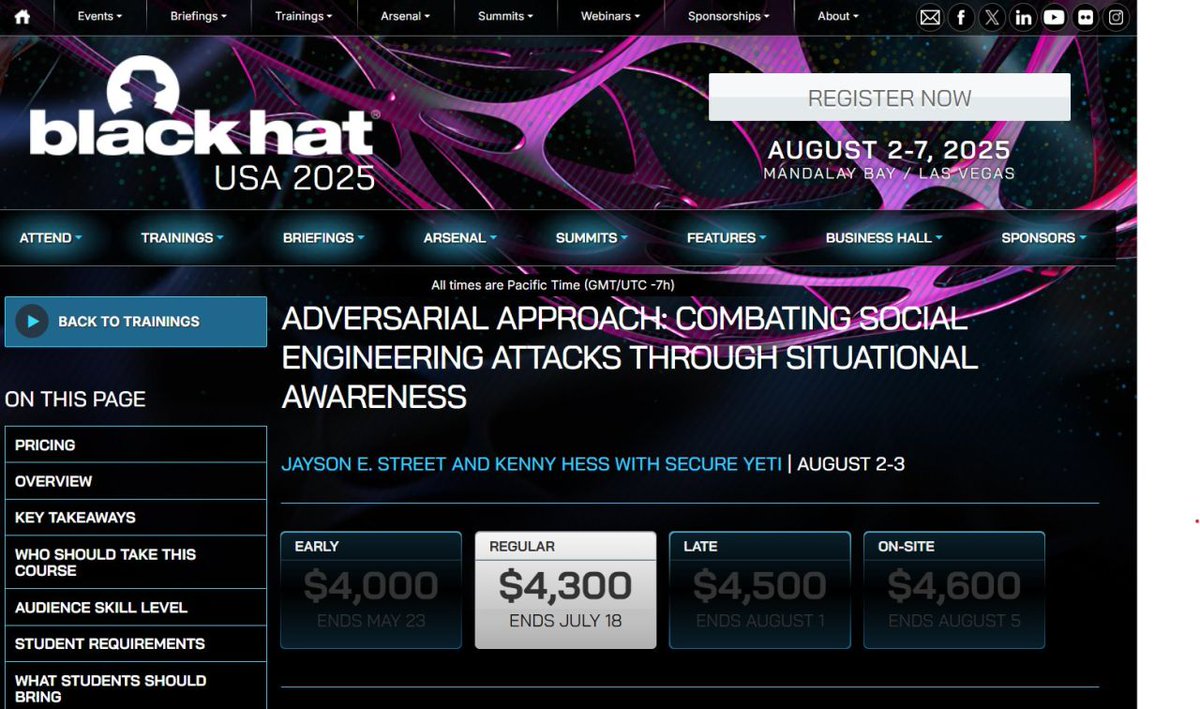 Prices increase this Friday! raining from Secure Yeti's <a href="/jaysonstreet/">Jayson E. Street 💙 🤗💛</a> will help you make security “personal” so your employees think like a hacker and fiercely protect your company’s assets 24/7. August 2-3 at <a href="/BlackHatEvents/">Black Hat</a>. #BHUSA zurl.co/MyCBS
