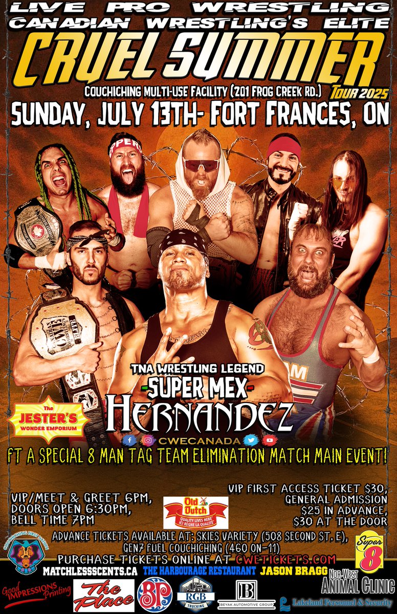 TONIGHT! <a href="/CWECanada/">CWE Canada</a> Fort Frances, Ontario

Ft TNA Wrestling Legend <a href="/SuperMexCTM/">Shawn Hernandez</a> <a href="/HotshotDannyD/">Hotshot Danny Duggan</a> <a href="/sammypeppers_/">Sammy Peppers 🌶</a> <a href="/ronnieattitude/">Ronnie Attitude</a> <a href="/kevinjhcannon/">Kevin Cannon</a>, A Special 8 Man Tag Team Elimination Match, &amp; more!