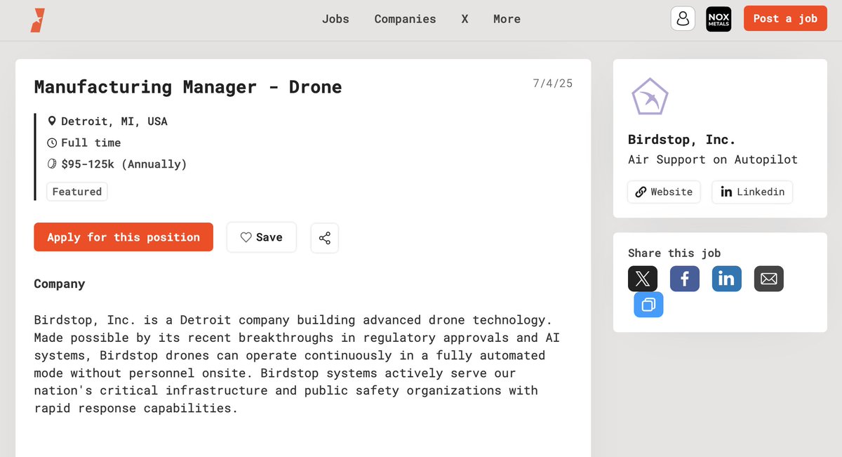 joinindustrion's tweet image. Apply to this role on Industrion today:
Manufacturing Manager – Drone
Detroit, MI | $95–125K
>Lead drone production from prototype to scale
>Own processes, QA, and hardware builds
>Work hands-on with engineering + supply chain
>Ideal for ex-robotics, aerospace, or drone…