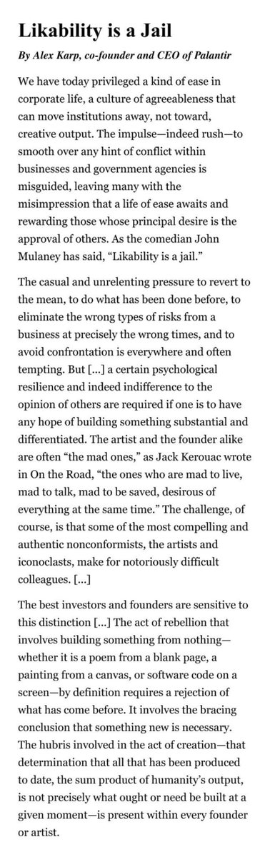 "Likability is a Jail" by Alex Karp, Co-founder and CEO of Palantir