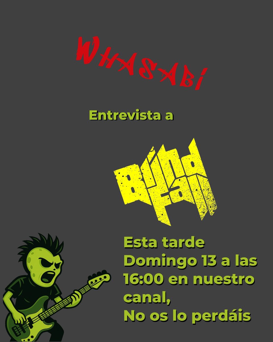A las 16:00 empezamos #directo con <a href="/blindfallBAND/">blindfall</a>  #entrevista #rock #alternativo 

En directo: twitch.tv/iwhasabi
En diferido: 
Youtube: youtube.com/@i_whasabi
Spotify: open.spotify.com/show/5HK0G6Ru4…

No tenéis escusa