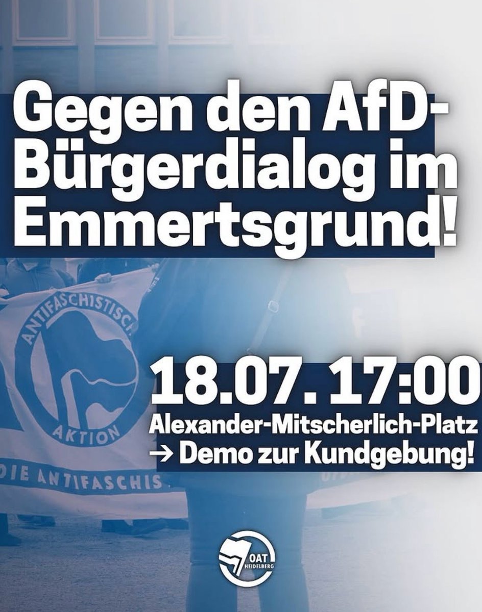 #savethedate #Emmertsgrund (bei #Heidelberg)

Demo “Gegen den AfD-Bürgerdialog im Emmertsgrund

👉🏽 18. Juli 2025, 17:00 Uhr 
👉🏽 Emmertsgrund, Alexander-Mitscherlich-Platz

Weitere Infos
instagram.com/p/DLfFGBpNdrZ/…