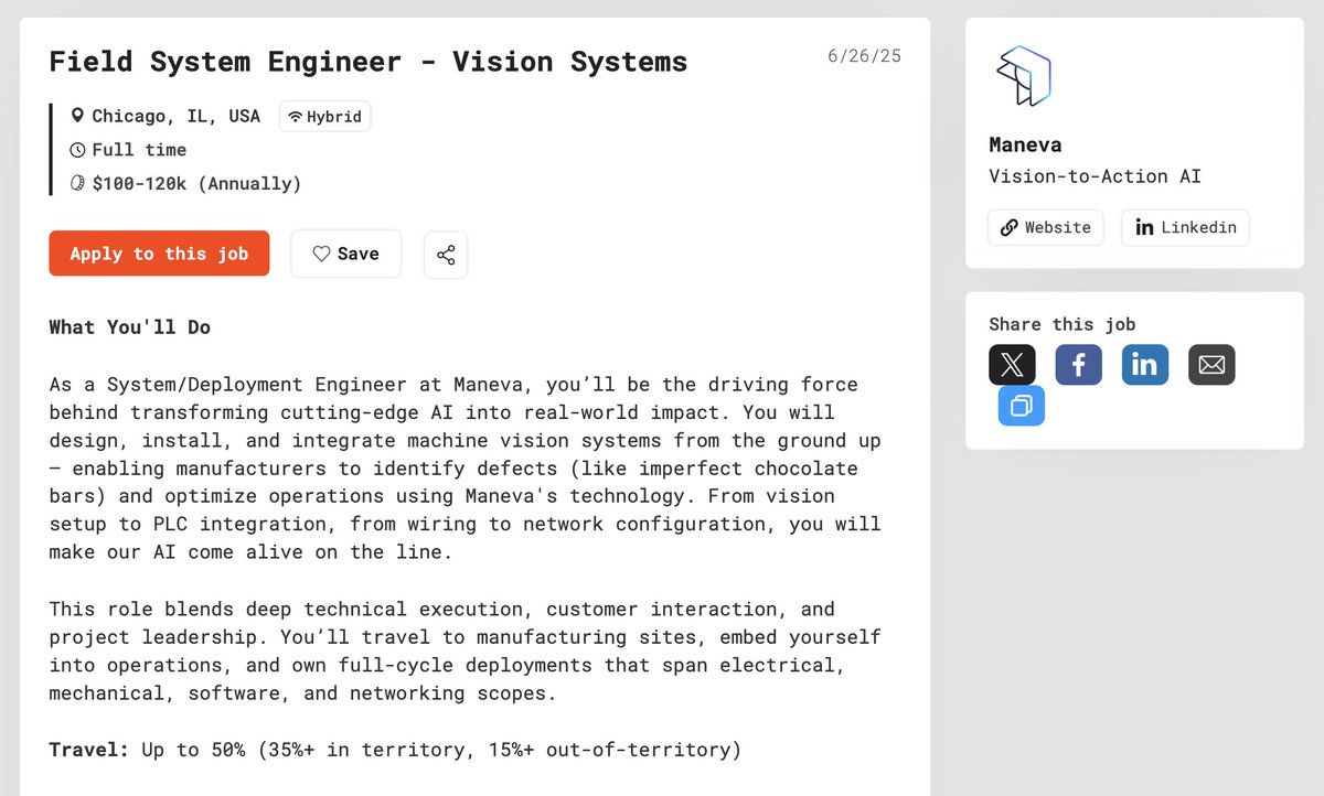 joinindustrion's tweet image. Apply to this role on Industrion today:
Field Systems Engineer – Vision Systems
Chicago, IL | $100–120K | Hybrid
>Deploy machine vision AI on real factory floors
>Work across PLCs, wiring, networking, and Linux
>Travel to sites and lead end-to-end rollouts
>Build systems that…