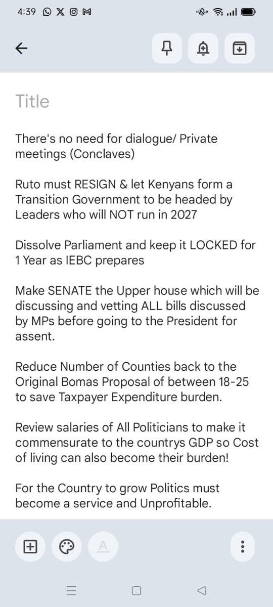 Charles Ole Kabaiku (@charleskapaiku) on Twitter photo If anyone wants Dialogue these would be the minimum requirements & if theyre not agreeable to Politicians then there would be no middle-ground
You cannot rule & kill
Politics has to be made unprofitable
Cut expenditure spending
Fully IMPLEMENT the Constitution!
<a href="/DrJuma_M/">Heisenberg</a> <a href="/cbs_ke/">Kawangware Finest ™ - Geoffrey Moturi</a> If anyone wants Dialogue these would be the minimum requirements & if theyre not agreeable to Politicians then there would be no middle-ground
You cannot rule & kill
Politics has to be made unprofitable
Cut expenditure spending
Fully IMPLEMENT the Constitution!
<a href="/DrJuma_M/">Heisenberg</a> <a href="/cbs_ke/">Kawangware Finest ™ - Geoffrey Moturi</a>