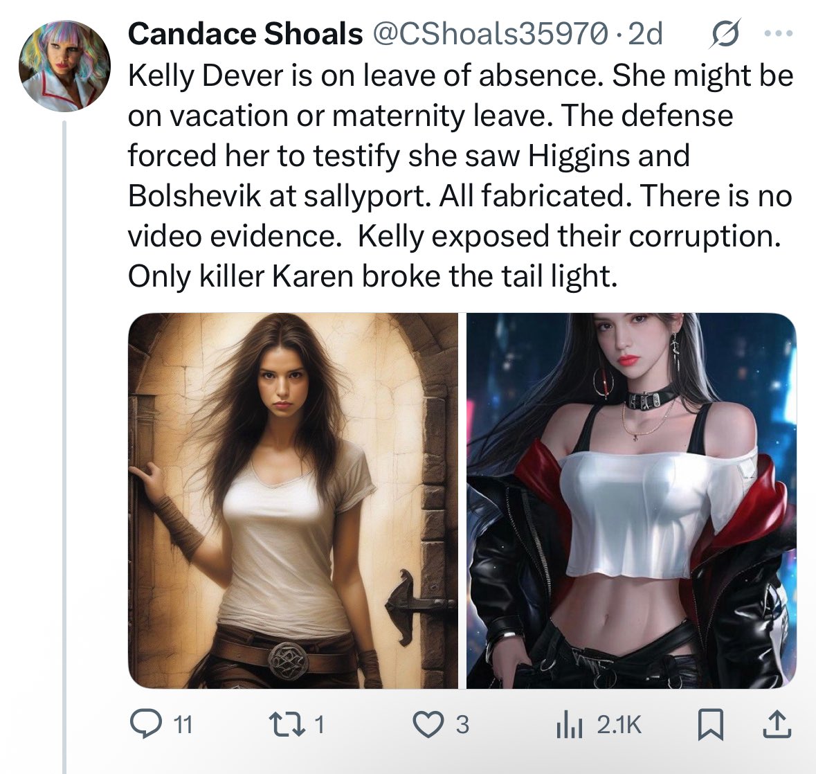 Leave of absence = Vacation or Maternity leave.

Defense forced her to testify.

Bolshevism has entered the Sallyport.

To top it off; they are creating sexy Deever AI photos.

Mentally neutered is an understatement.