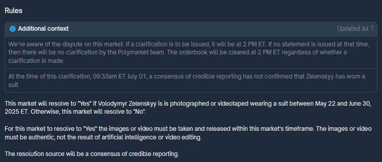 tx (@tx_analysor) on Twitter photo Quand est-ce que <a href="/Polymarket/">Polymarket</a> va se sortir les doigts du cul ?
Vous avez probablement entendu parler de cette histoire de conflit pour savoir si oui ou non Zelensky a porté un costume.
Peu importe l'avis que vous avez sur la question, ce qu'il s'est passé montre qu'il y a des Quand est-ce que <a href="/Polymarket/">Polymarket</a> va se sortir les doigts du cul ?
Vous avez probablement entendu parler de cette histoire de conflit pour savoir si oui ou non Zelensky a porté un costume.
Peu importe l'avis que vous avez sur la question, ce qu'il s'est passé montre qu'il y a des