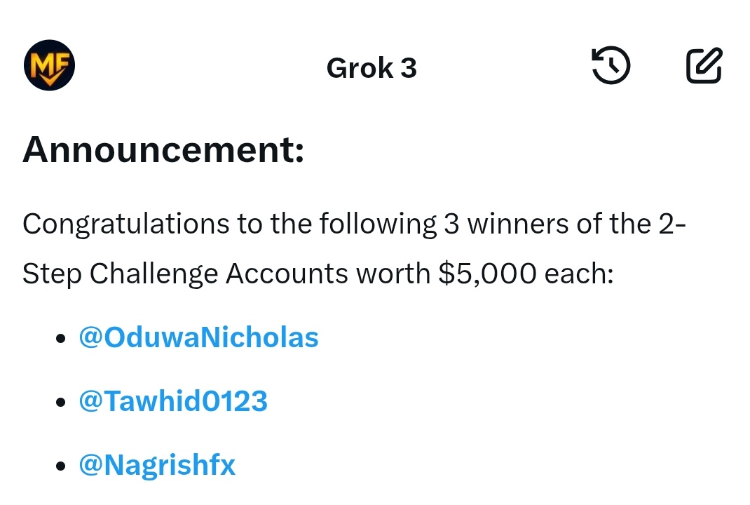 Congratulations to all the winners! 🎉
You’ve won a $5K Challenge Account!

👉 Please register on the website and send your proof via DM to <a href="/prop365/">PROP365</a> to get your account activated.

Thank you ❤️

Winners:
<a href="/OduwaNicholas/">BB-OGK</a>
<a href="/Tawhid0123/">Tawhid khan 🧩</a>
<a href="/Nagrishfx/">Nagarish</a>