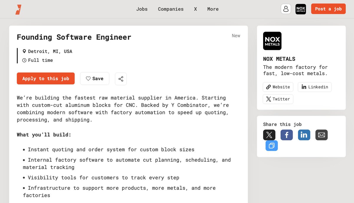 noxmetals's tweet image. We’re hiring a factory-deployed engineer at Nox Metals.
You’ll build quoting, automation, and tracking systems from inside the supply chain.
Based in Detroit, shipping real metal every day.
jobs.industrion.co/job/1780457-fo…