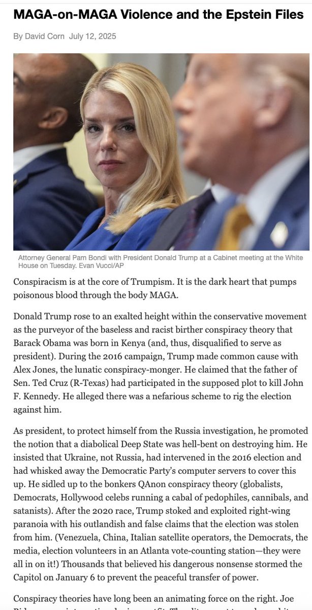 DavidCornDC's tweet image. NEW: Trump rose to power by pushing the politics of paranoia and training MAGA-land to believe conspiracy theories over reality. Now he's paying the price for stiffing his cult on the Epstein files. Read all about it in my OUR LAND newsletter.
link.motherjones.com/public/40655751