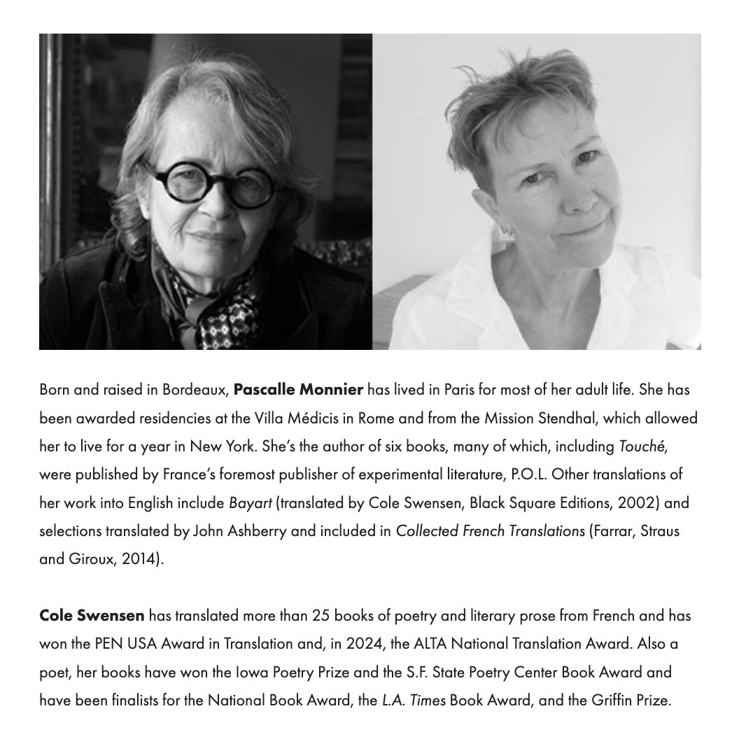 Touché by Pascalle Monnier (tr. Cole Swensen, recipient of the Stephen Mitchell Prize and the National Translation Award). This amazing book has been called by Eleni Sikelianos "a how-to manual on being." 
greenlindenpress.com/books/touche

greenlindenpress.com/issue19-pascal…