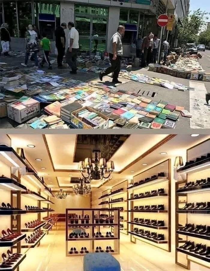 عندما تباع الكتب على الارصفه,,وتباع الاحذيه على الرفوف,
فاعلم ان الناس تهتم بقدميها اكثر من عقولها,,

لهذا السبب تجد المجتمع متخلف,,