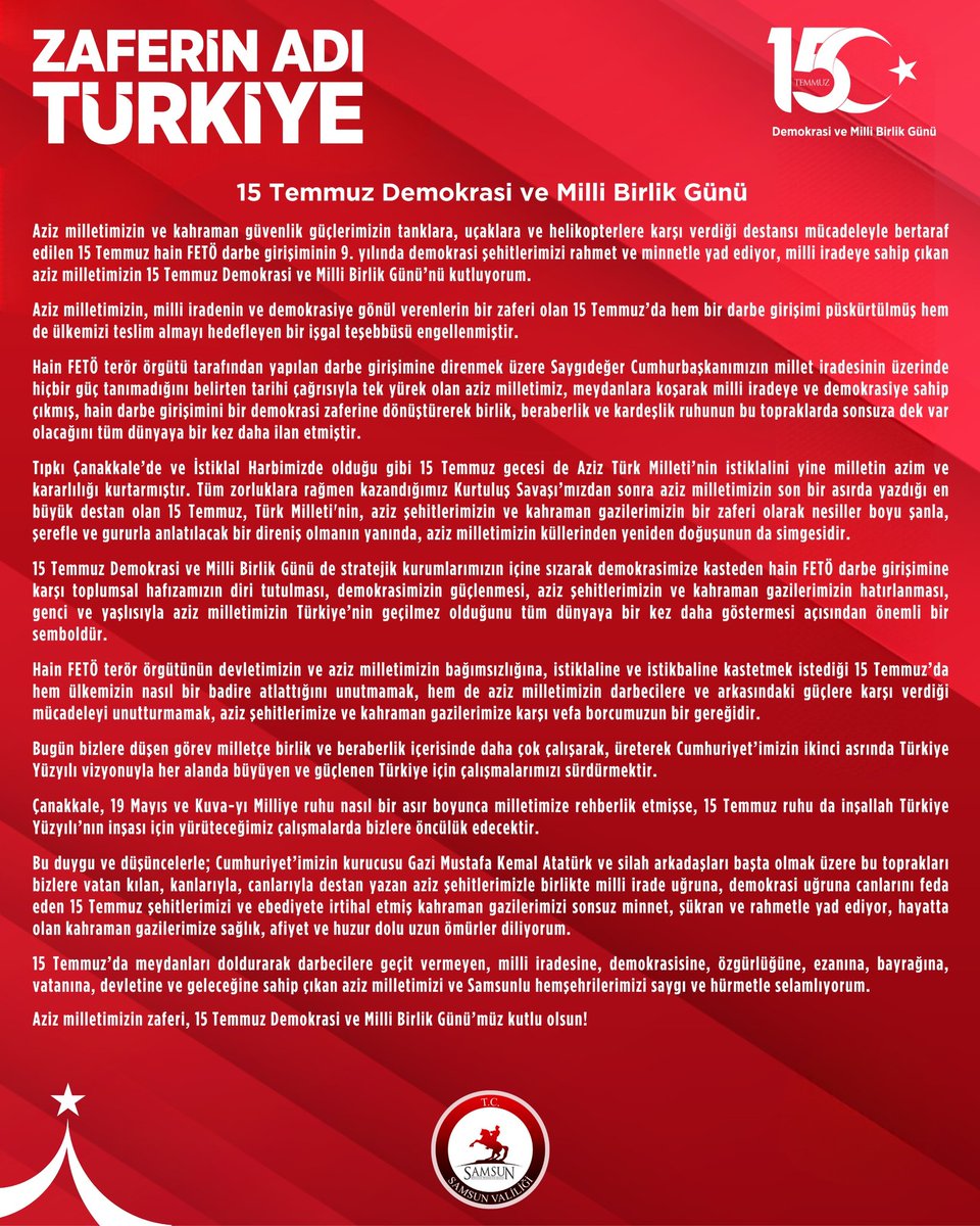 #ZaferinAdı Türkiye 🇹🇷🇹🇷🇹🇷

#15TemmuzDemokrasiveMilliBirlikGünü🇹🇷

Aziz milletimizin ve kahraman güvenlik güçlerimizin tanklara, uçaklara ve helikopterlere karşı verdiği destansı mücadeleyle bertaraf edilen 15 Temmuz hain FETÖ darbe girişiminin 9. yılında demokrasi şehitlerimizi