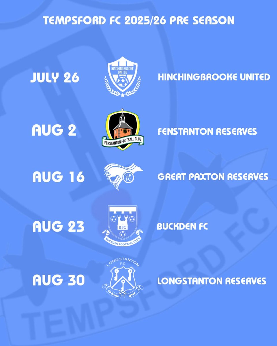Pre season schedule: COMPLETE ✅️
#Tempsford #PreSeason #Friendlies #LocalFootball #GrassRootsFootball #UpTheFord