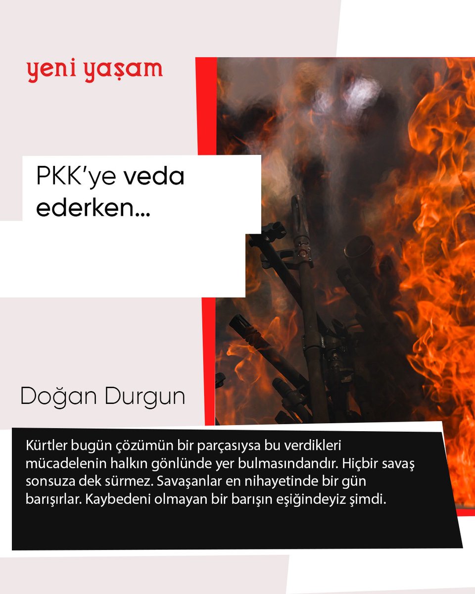 📌 PKK’ye veda ederken…

 ▪️ 'Demokratik siyaset çağrısı yapan bir hareket için, barışçıl çözüm isteyen bir hareket için silahlar ister istemez engeldir. Biz bu engelleri iyi niyet ve ciddiyetle ortadan kaldırmak istiyoruz'

🖊️ Doğan Durgun

yeniyasamgazetesi9.com/pkkye-veda-ede…