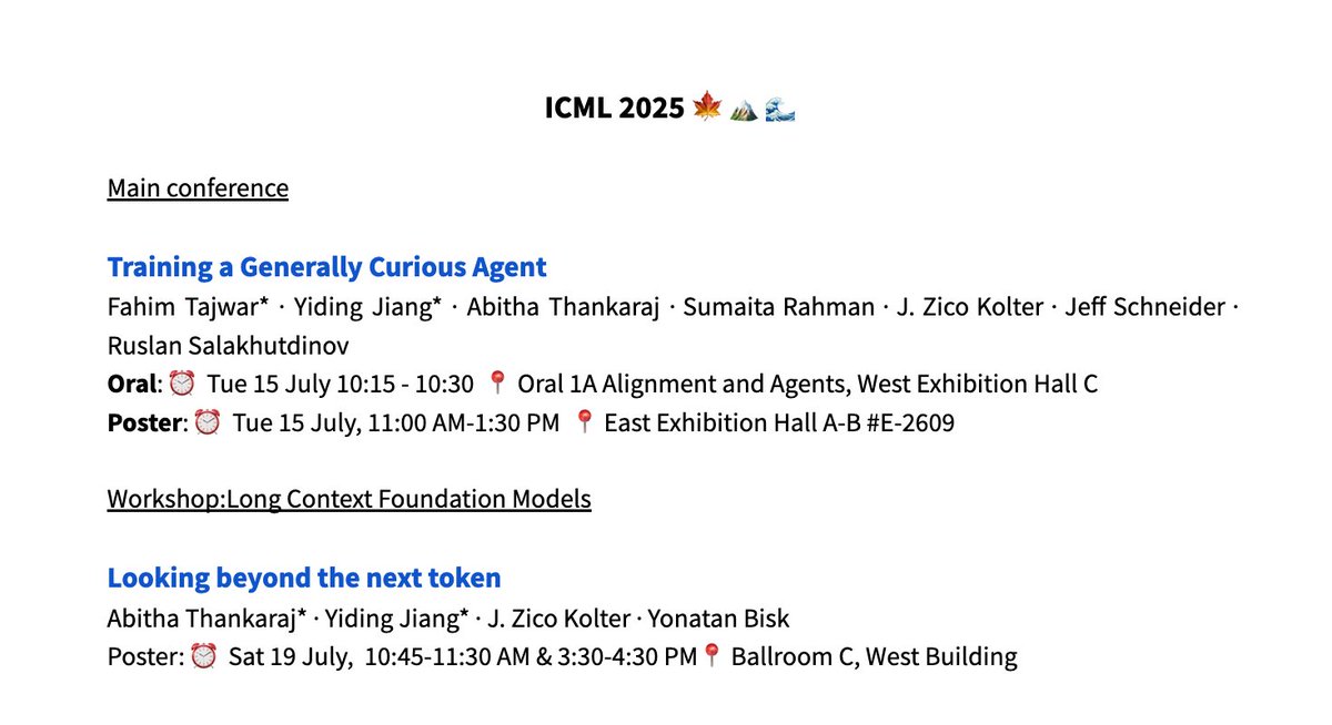 I will be at ICML next week. If you are interested in chatting about anything related to generalization, exploration, and algorithmic information theory + computation, please get in touch 😀 (DM or email)!

My coauthors and I will be presenting 2 papers 👇:
