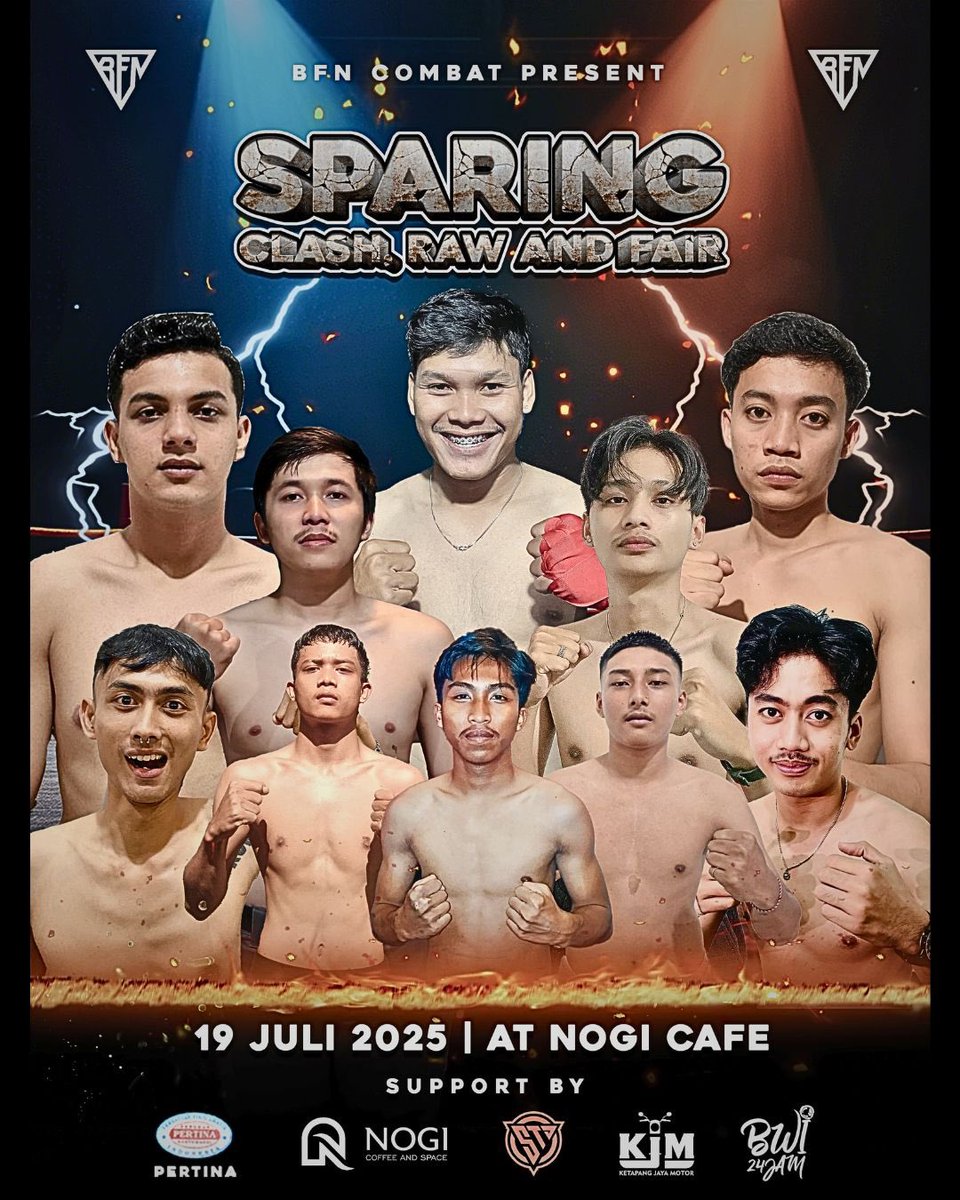 🔥 BFN Combat: Sparing Clash, Raw and Fair! 🔥
📍 19 Juli 2025, Nogi Cafe — 18.30 WIB

Ajang ini bukan sekadar adu fisik, tapi juga ajang lahirnya atlet-atlet muda berbakat dari Banyuwangi! 💪🏼✨

Dukung pemuda Banyuwangi jadi juara di jalur yang positif! 💥