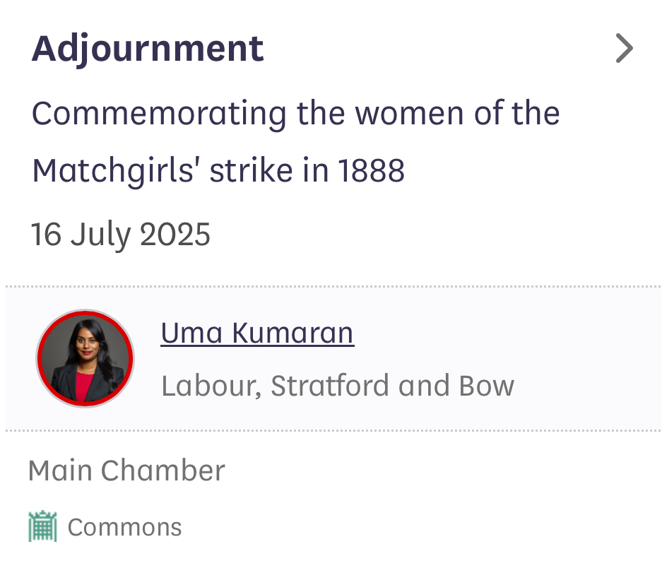 The Matchgirls Memorial (@thematchgirls) on Twitter photo Exciting news - we have a Matchgirls exhibition in the Parliament for the whole of next week. Huge thanks to <a href="/Uma_Kumaran/">Uma Kumaran MP</a> and team for making this possible. Uma has also secured an Adjournment Debate for next Wednesday evening about the Strike. #matchgirls1888 Exciting news - we have a Matchgirls exhibition in the Parliament for the whole of next week. Huge thanks to <a href="/Uma_Kumaran/">Uma Kumaran MP</a> and team for making this possible. Uma has also secured an Adjournment Debate for next Wednesday evening about the Strike. #matchgirls1888
