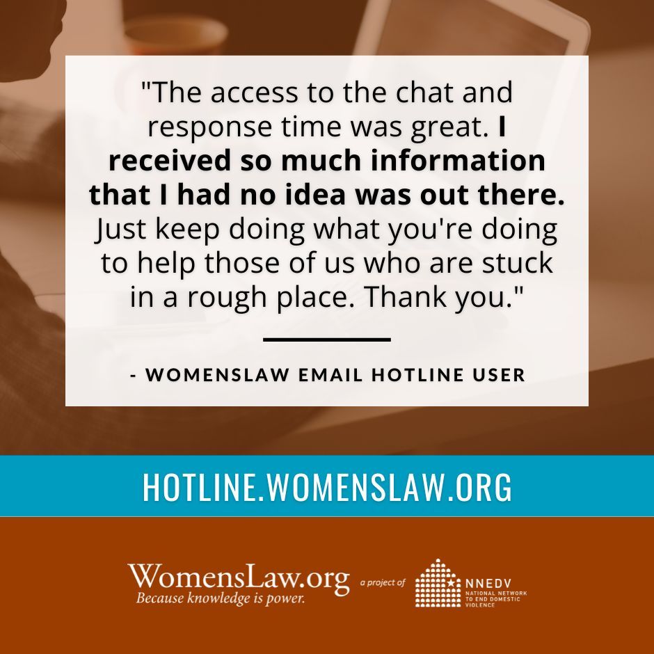 WomensLaw's tweet image. Through WomensLaw.org and the WomensLaw Email Hotline, our team is proud to provide free, personalized legal information and resources to survivors in need. 🧡 Make a gift today to help us keep these vital resources available: buff.ly/Pj13eE3