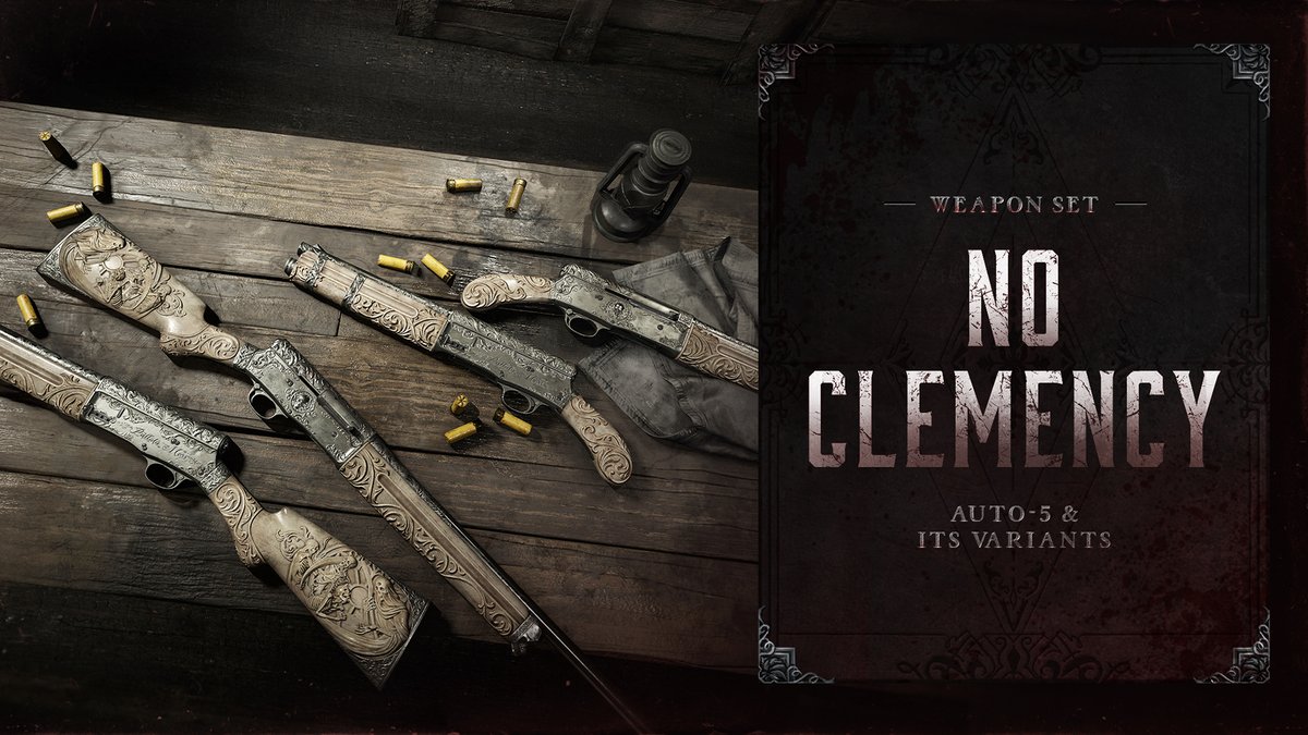 HuntShowdown's tweet image. The No Clemency Set is available now in the Battle Pass.
When The Pale Judge delivers your sentence, there’s no second chance. These Auto 5 and Auto 4 Shorty variants carry the weight of every judgment passed, etched in bone, silver, and fate.