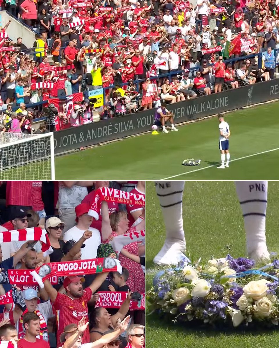 O capitão do Preston entrou em campo com uma coroa de flores em homenagem a Diogo Jota e André Silva ao som do You Never Walk Alone e foi absolutamente arrepiante.