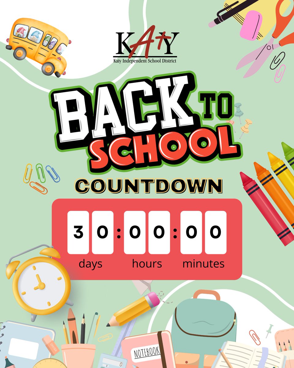 The countdown is on!

Just 30 days until the first day of school, and we're getting ready to welcome back our amazing students, staff and families.

Let's make this the best school year yet!

#KatyISD #BackToSchoolCountdown