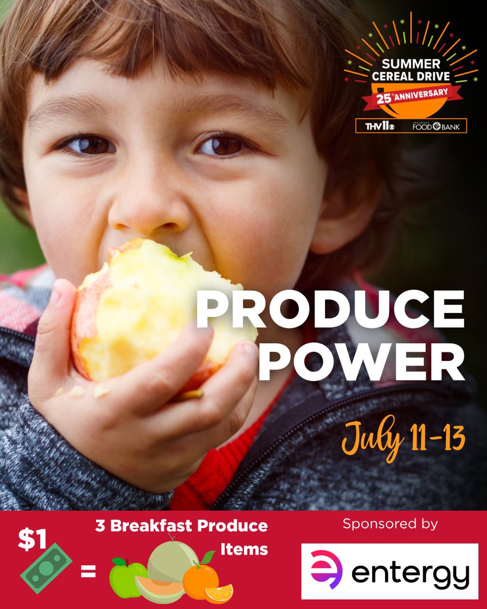 Today is the final day of Produce Power, powered by <a href="/Entergy/">Entergy</a>!
There’s still time to make a big impact — every $1 = 3 fresh breakfast items for Arkansas families.

Don’t miss this chance to triple your impact! Give now:  arkansasfoodbank.org/?form=FUNAGXYP…