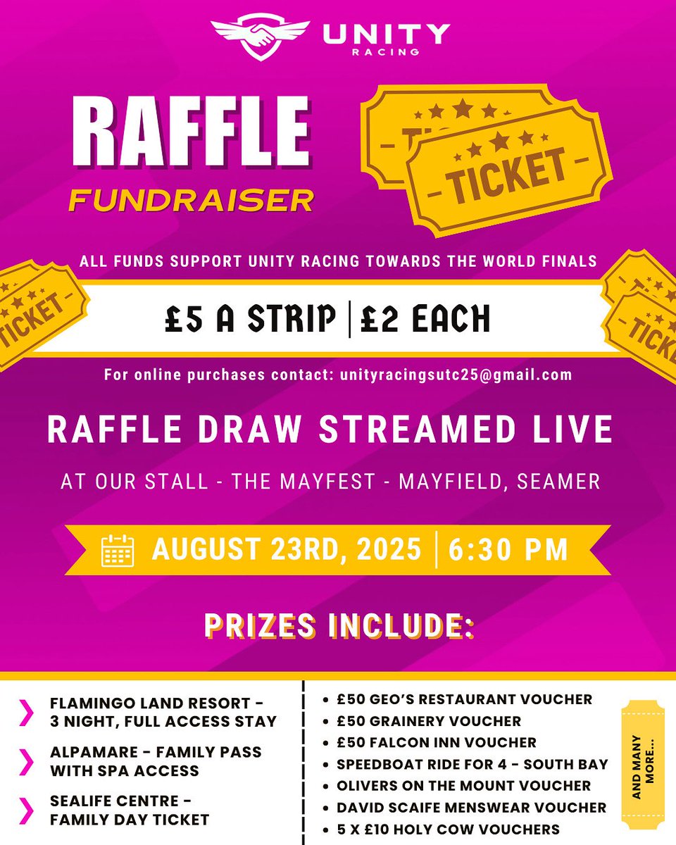 UnityRacingSUTC's tweet photo. Unity Racing Raffle!!!
Raffle tickets can be bought in person or online. 

To buy online, contact us: unityracingsutc25@gmail.com 
with your name and tel number, we’ll allocate you your ticket numbers which you will then use as your reference when paying on our go fund me. https://t.co/0lvOfEx0ga