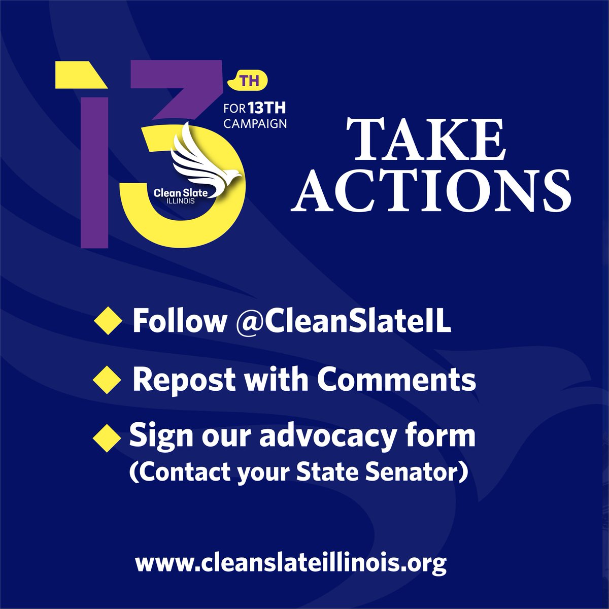 CleanSlateIL's tweet image. Today is the 13th and we’re launching #13thForThe13th.
Every month, we will raise our voices until Illinois becomes the 13th Clean Slate state.
Follow, repost, and speak out. Clean Slate means jobs, dignity, and second chances. #CleanSlateIL #CSIL
