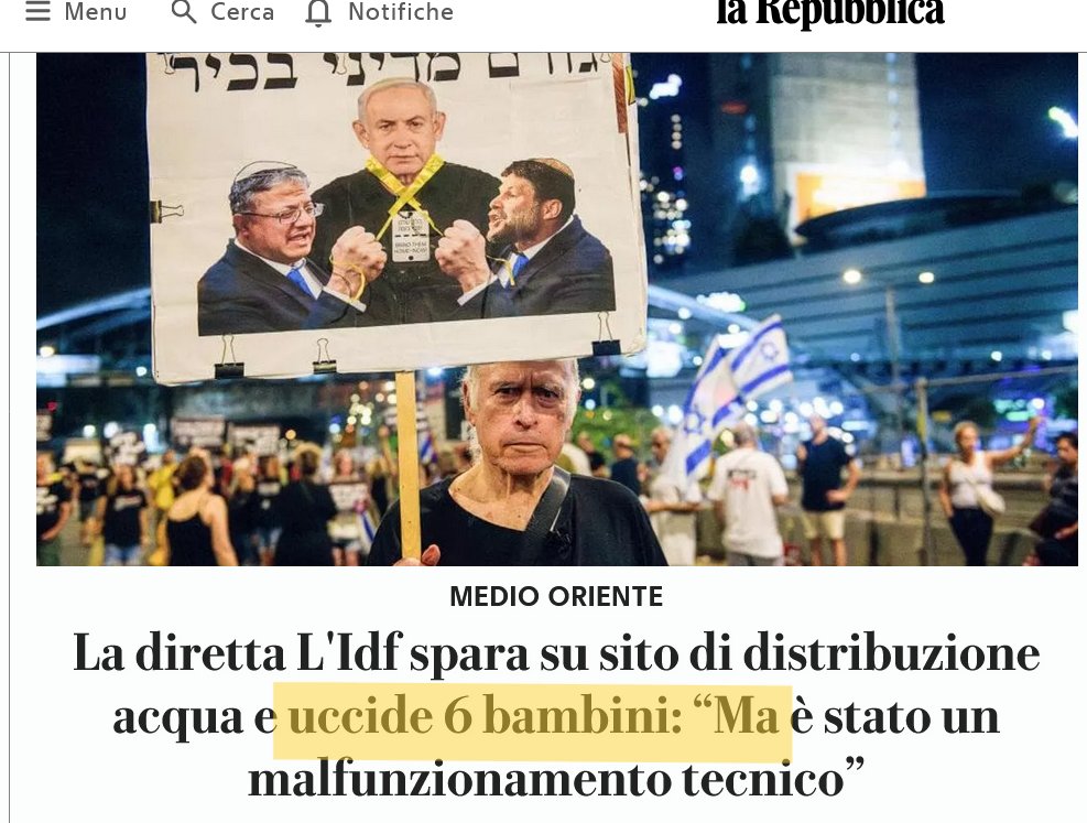 rafforiani's tweet image. L'esercito israeliano uccide sei bambini mentre erano in coda per l'acqua: "Ma è stato un malfunzionamento tecnico".
Li hanno uccisi, MA.
Quando li processeranno per genocidio avranno un MA per tutti i 20.000 bambini? @repubblica sembra crederci. #GazaScortamediatica