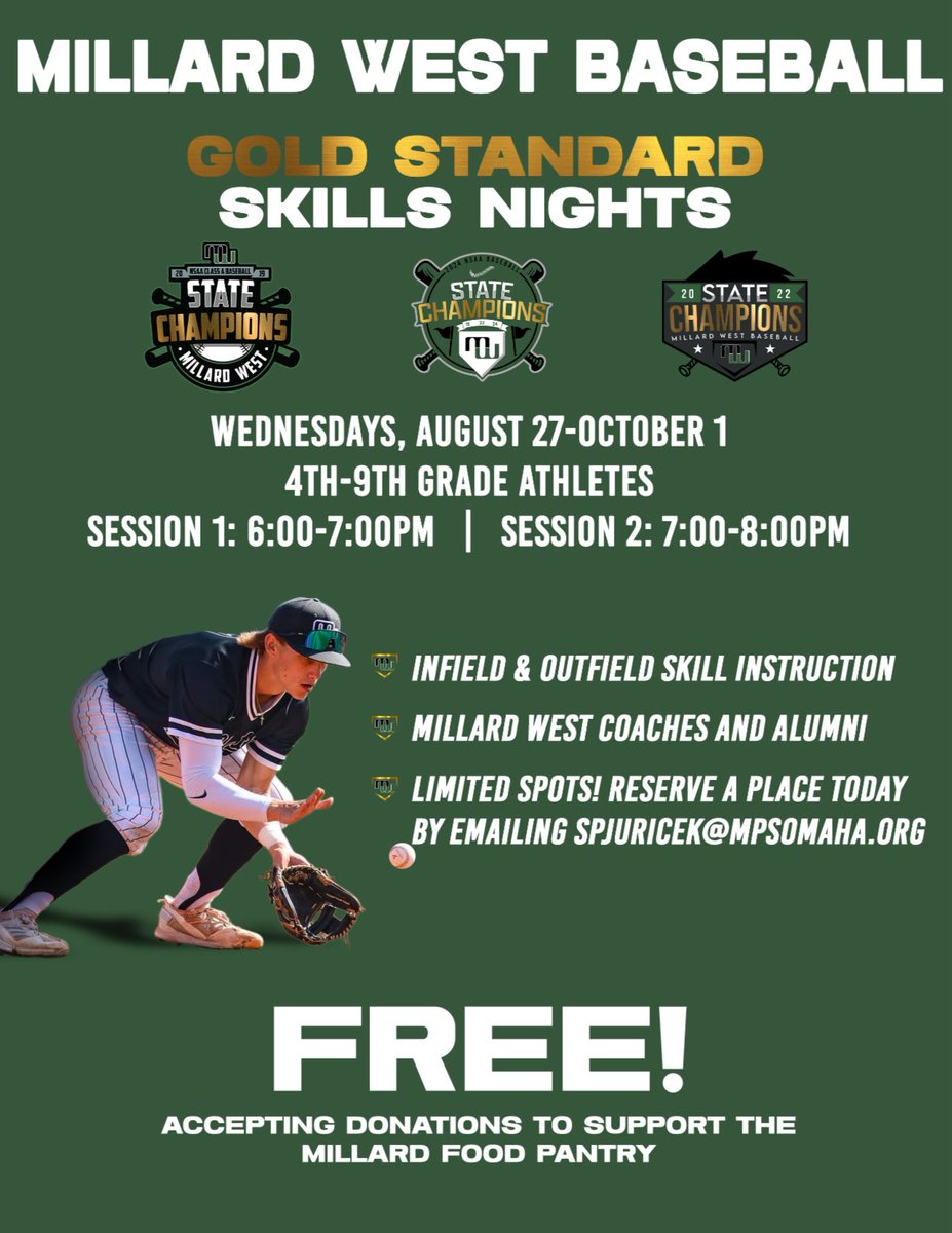 🚨 FREE Baseball Camp🚨 

Millard West Baseball is excited to offer a  FREE baseball camp this fall! 

Spots are limited, sign up today!

<a href="/JuricekShawn/">Shawn Juricek</a> 
<a href="/legoleighton/">Leighton</a> 

#GoldStandard | <a href="/MWHSactivities/">Millard West Activities</a>