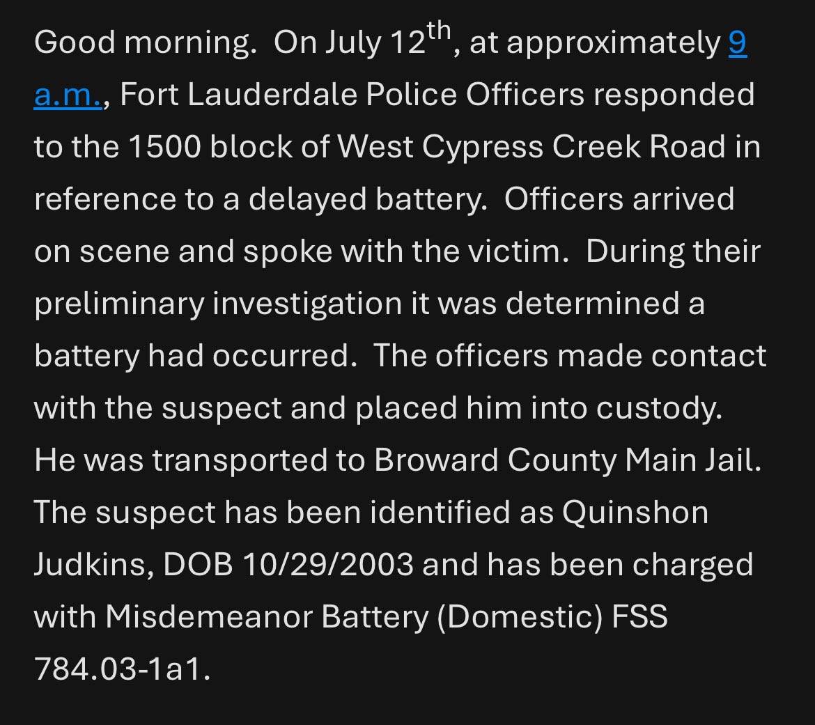 From the Fort Lauderdale Police on arrest of Browns rookie Quinshon Judkins.