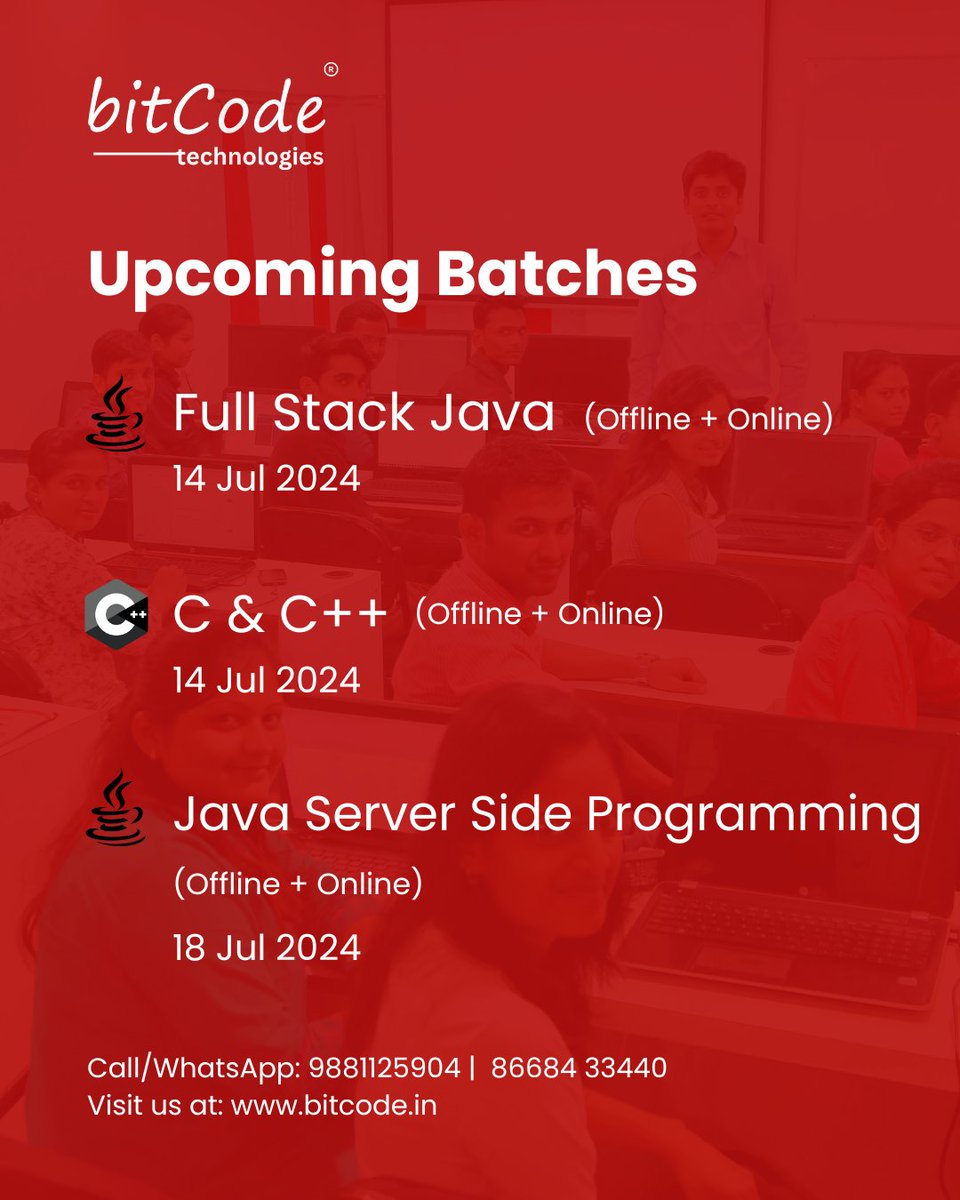 BitcodeTech's tweet image. Upcoming batches! 
Join our upcoming #JavaFullStack #JavaServerSideProgramming #CProgramming #CppProgramming batches and step ino the world of #Success.

All the batches are in Offline + Online mode
Call/Whatsapp us on 9881125904,  86684 33440

Visit us at bitcode.in