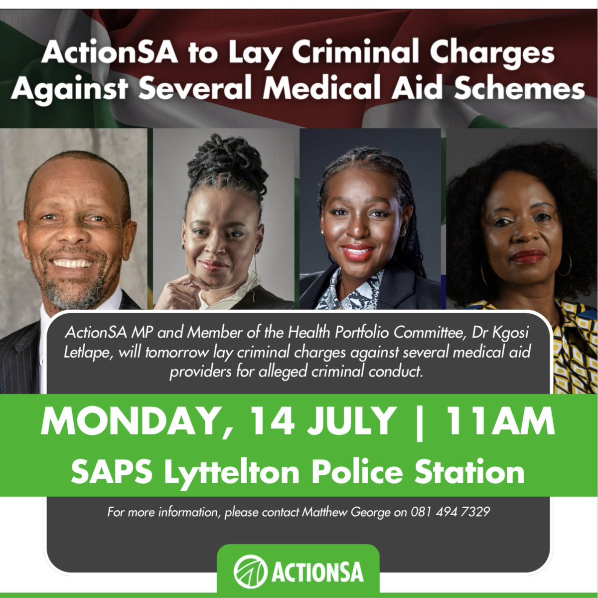 Together with my colleagues, I will be laying criminal charges against several medical aid schemes tomorrow.

I joined ActionSA to put South Africans first  and that’s exactly what we intend to do. Stay tuned ✅